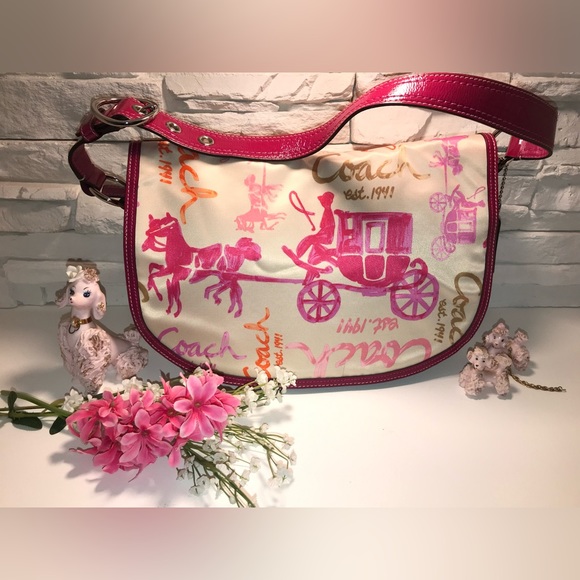 Coach Handbags - COACH Multi-Color Pink Orange Tan Sateen Leather Horse & Carriage Hobo Flap